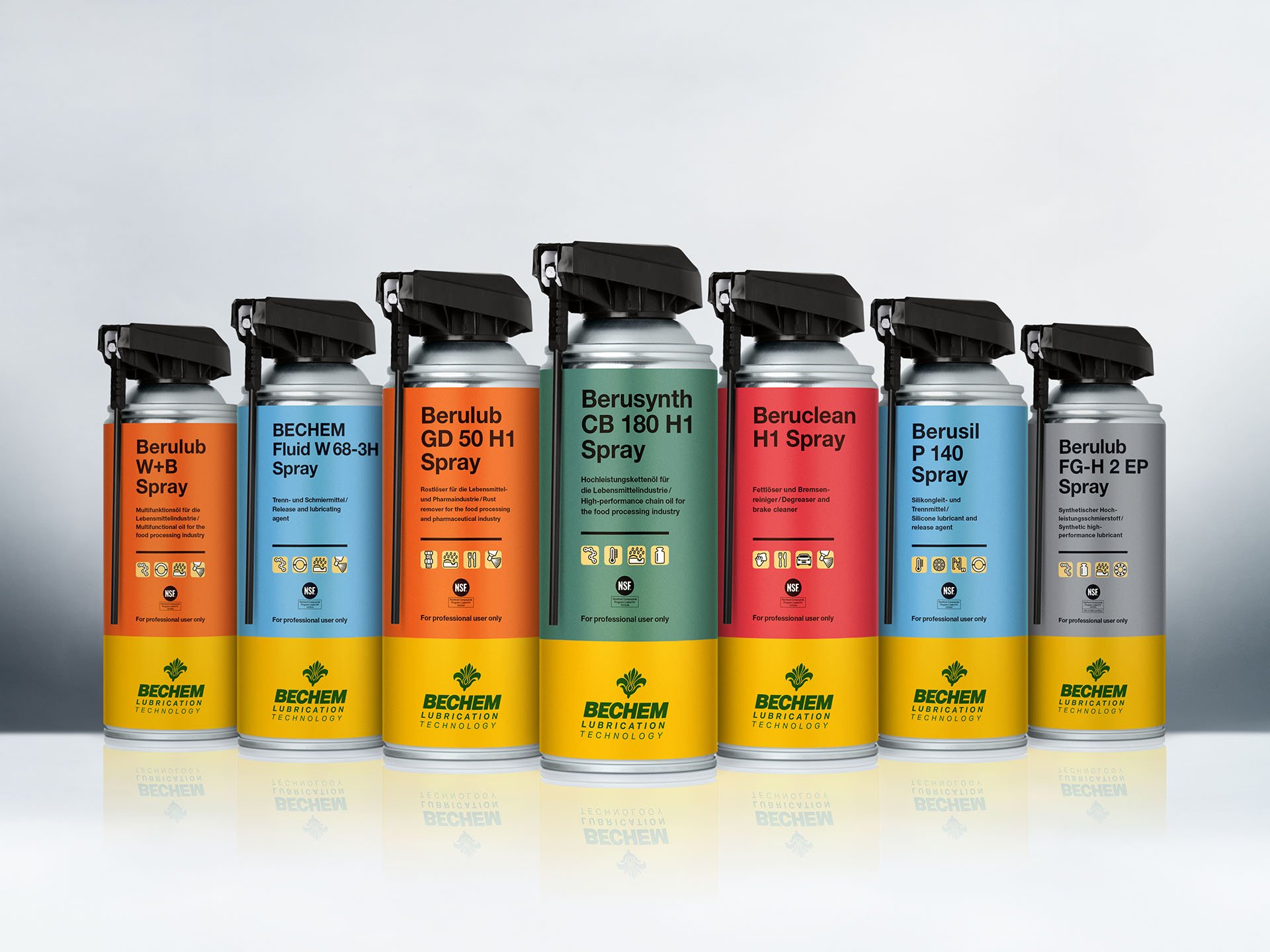 Sprühdosen der BECHEM Schmierstoffe Berulub, Berusynth, Beruclean und Berusil